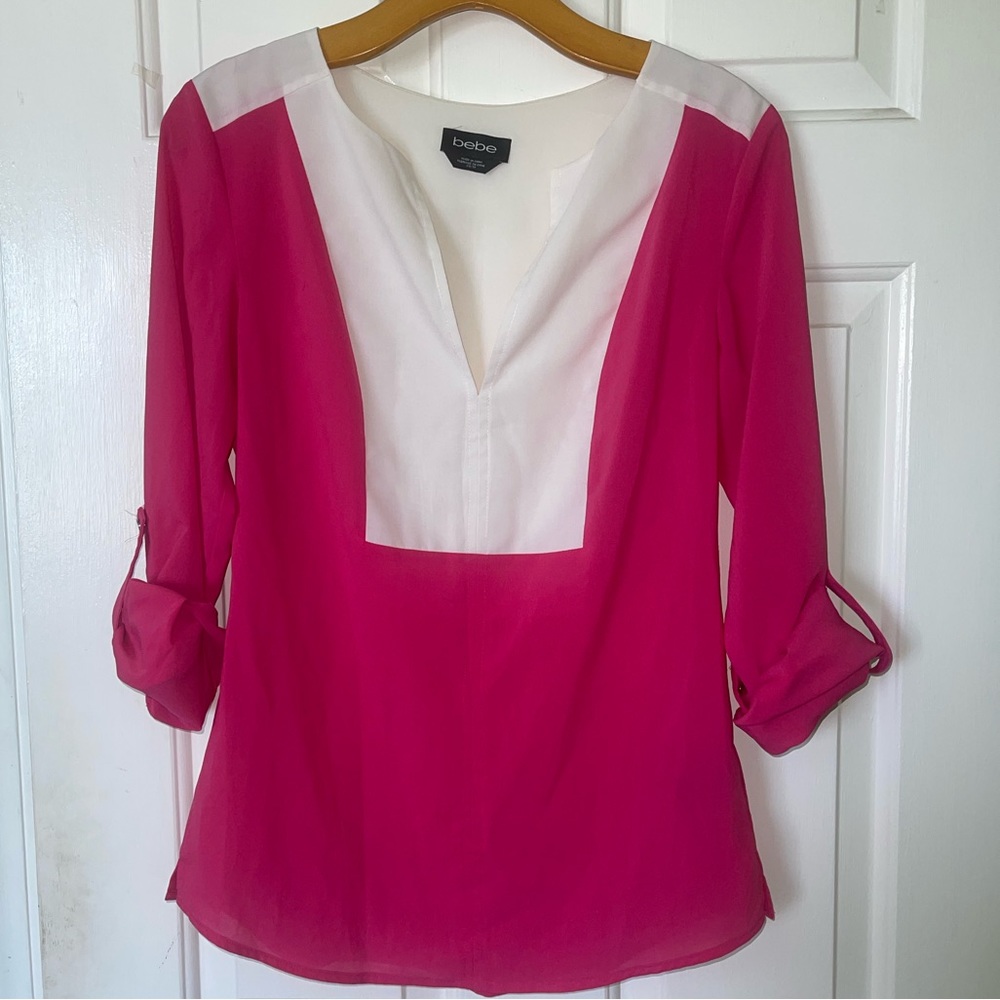 Bebe Barbie pink blouse with white neck-front long sleeve blouse size xs